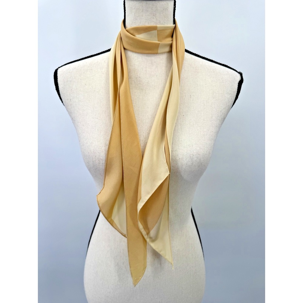 VTG Vera Neumann Tan Cream Color Block Striped Silk Skinny Asymmetrical Scarf